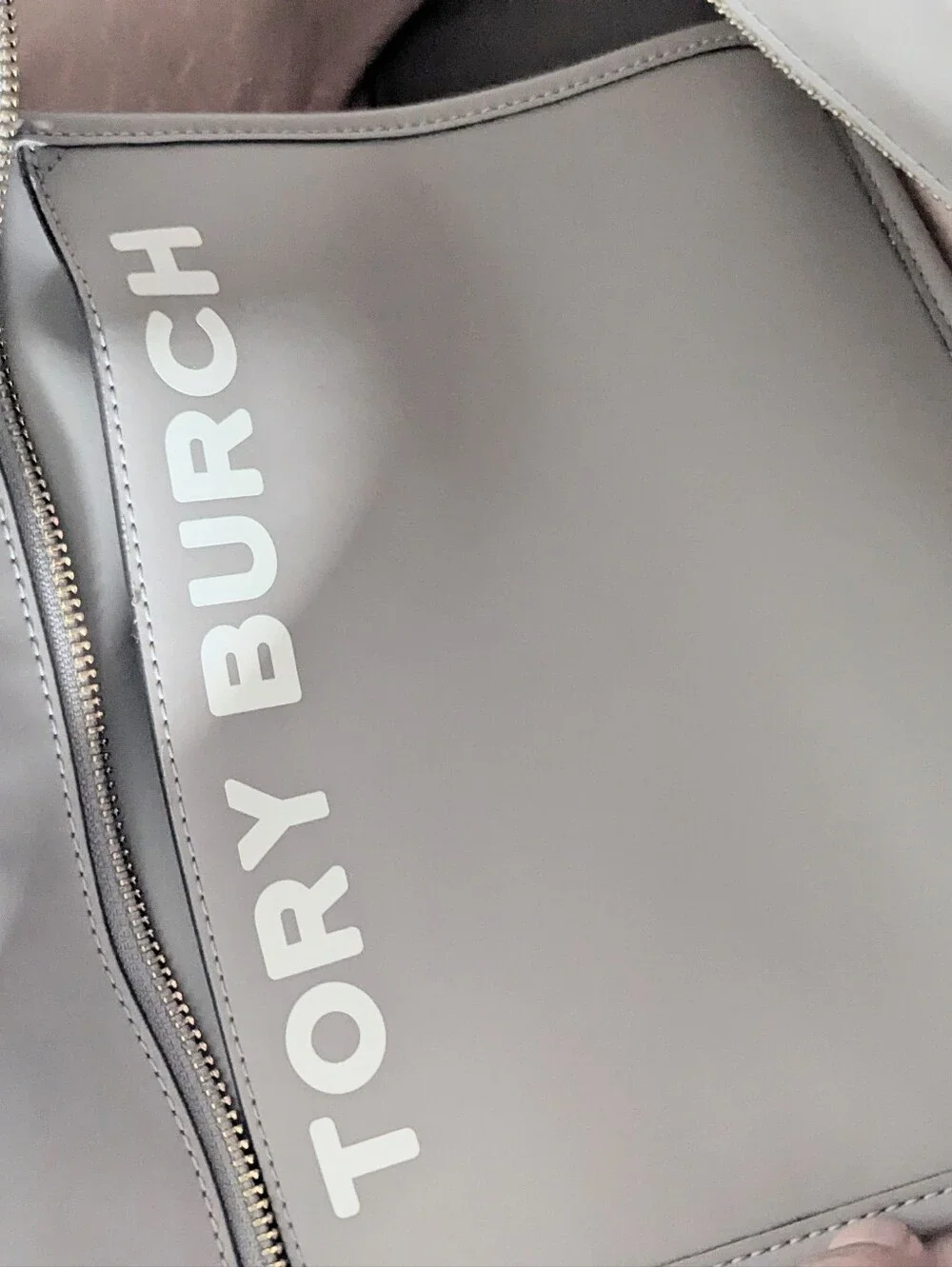 Tory Burch Gray Taupe Canvas Tote with Black and Cream Center Stripe